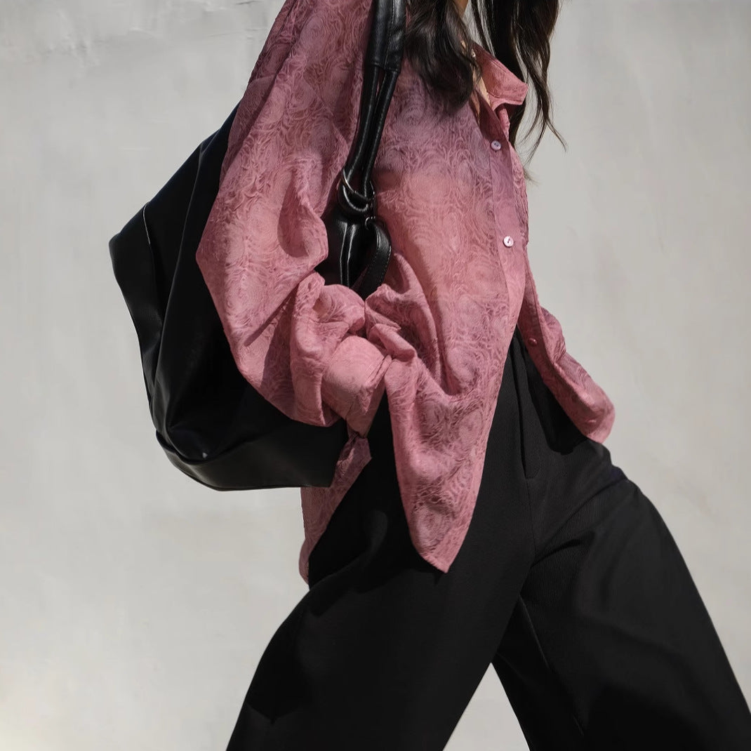 Fashionable Embossed Design Sheer Sun Protection Shirt for Women Loose-Fit Long Sleeve Blouse Summer Stylish Top
