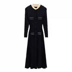 Chiffon Trimmed Collar Black Knitted Fitted Dress for Women