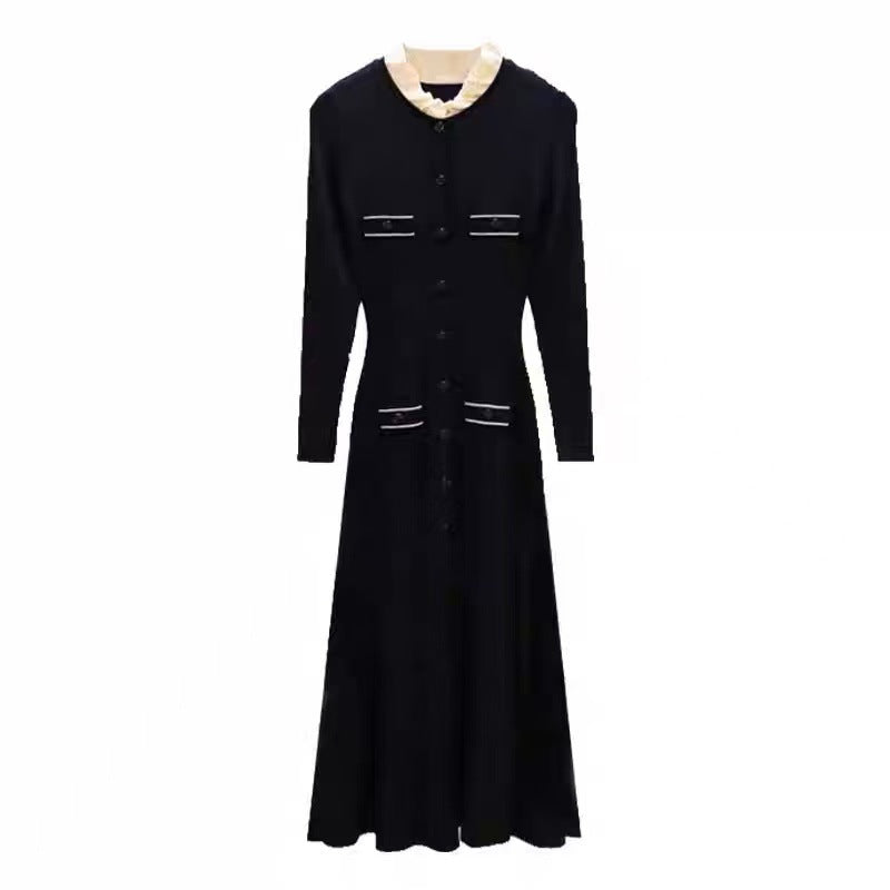 Chiffon Trimmed Collar Black Knitted Fitted Dress for Women