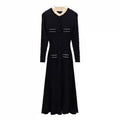 Chiffon Trimmed Collar Black Knitted Fitted Dress for Women