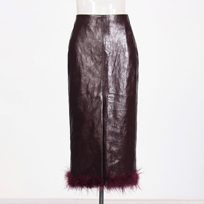 New retro patchwork feather split hip skirt for women