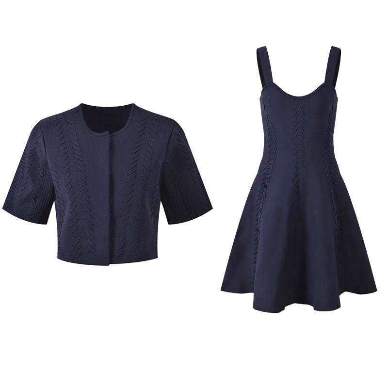 Belted Vintage Design Strap Dress + Short Sleeve Cardigan