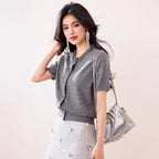 Chic Fashion Solid Color Beaded Design Cardigan Knit Sweater Short Sleeve Casual T-Shirt