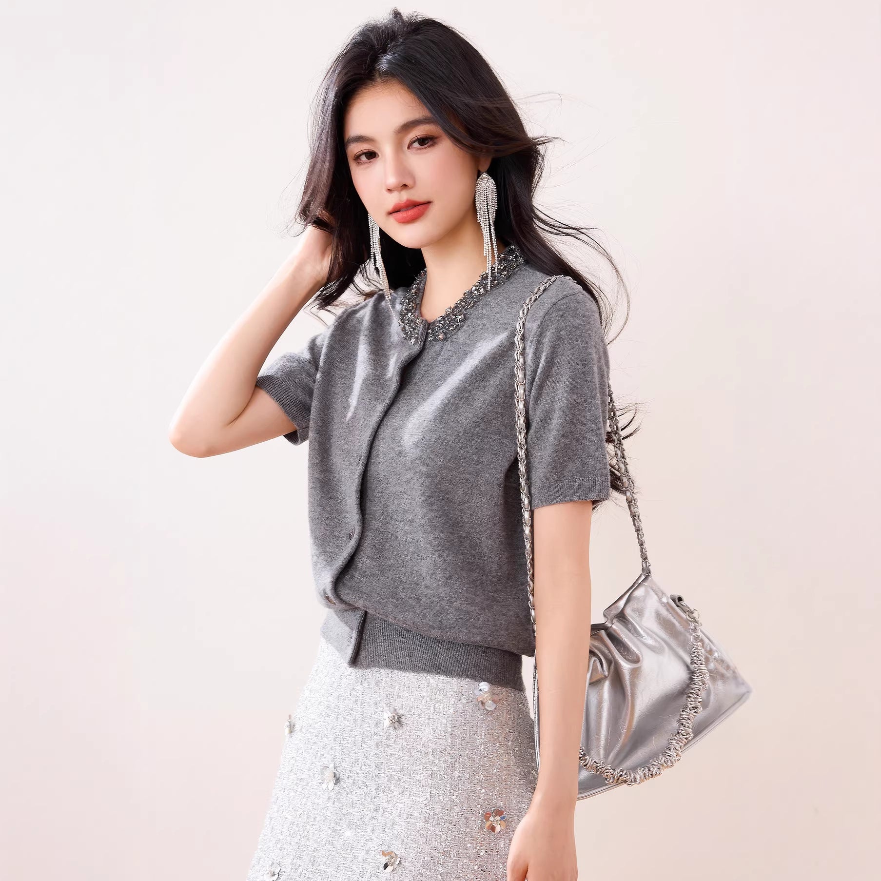 Chic Fashion Solid Color Beaded Design Cardigan Knit Sweater Short Sleeve Casual T-Shirt