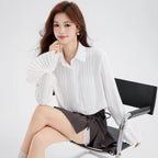 Pleated Flared Sleeve White Blouse for Women, Loose Elegant Commute Long Sleeve Shirt