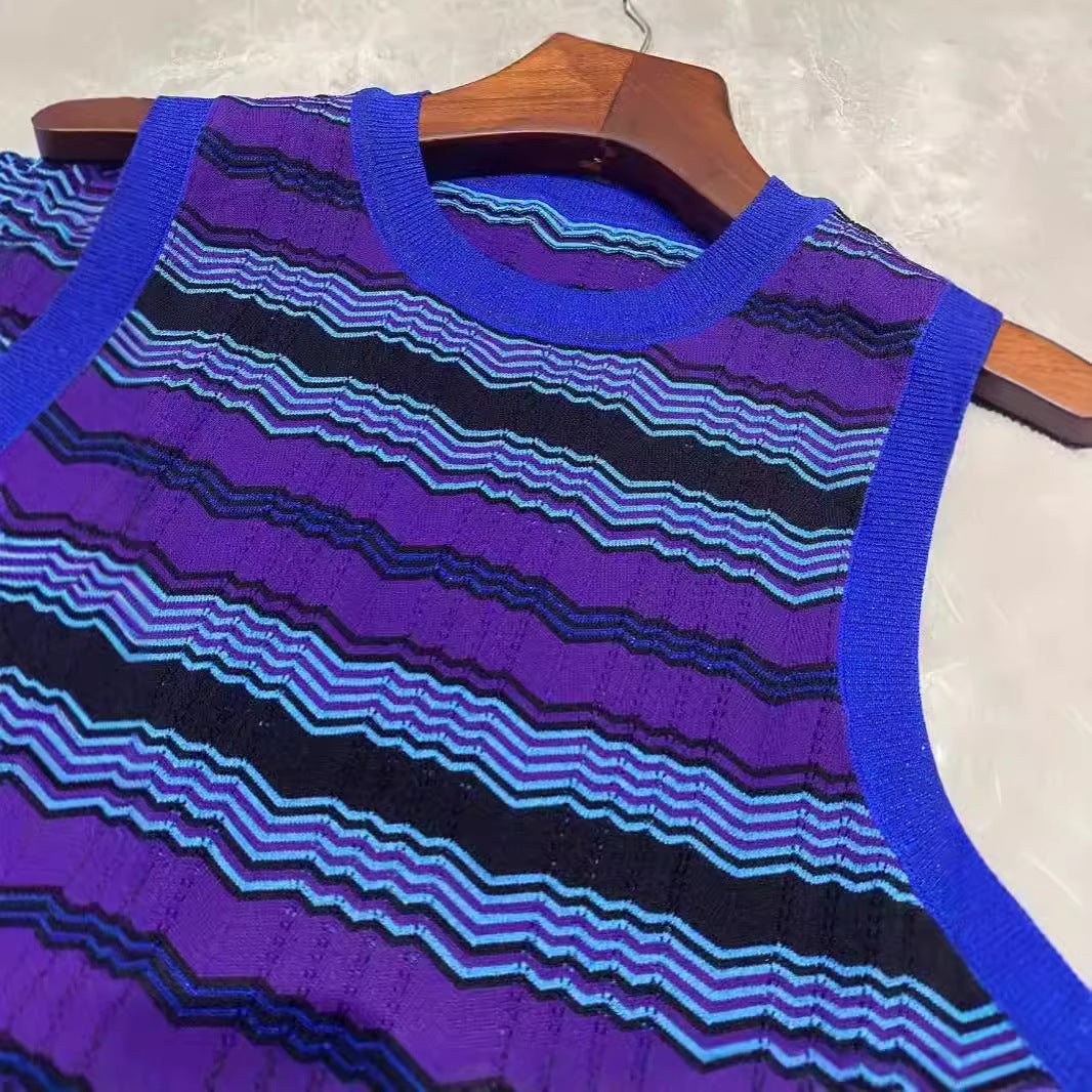 New sleeveless striped niche design commuting waist cinching jacquard knitted dress