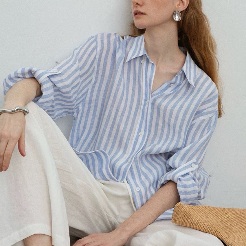 Lazy Comfortable Linen Color-Woven Relaxed Fit Stripe Shirt