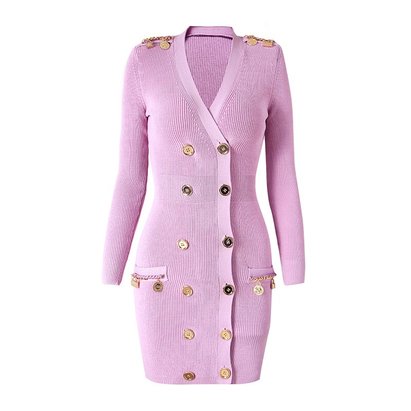 Gorgeous Designing Sexy V-neck Luxury Gold Metal Chain Sweater Knitting Women Violet Color Slit Fit Street Dress