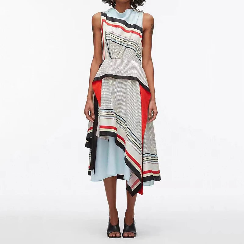 Women's Irregular Colorblocking Sleeveless Dress, Tie Waist Printed Dress, High Quality, Fashionable and Sexy