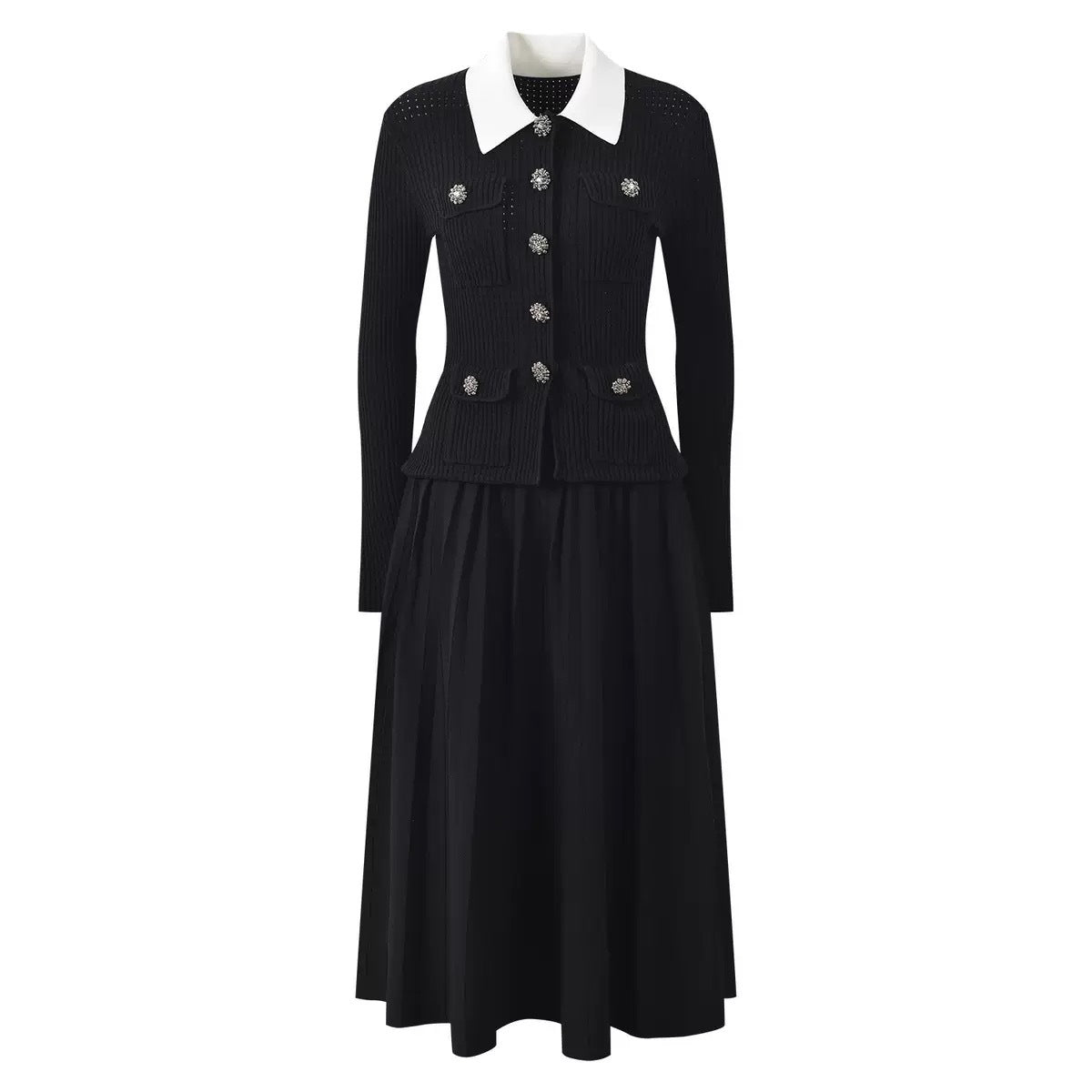 Chic Long Knit Pleated Dress with Turn-Down Collar in French Chic Style for Women