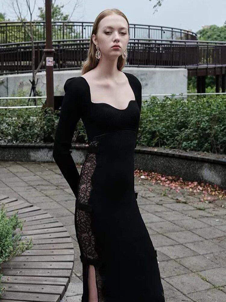 Runway Designer Black Patchwork Lace Hollow Out Women Dresses For Women Black Sweetheart Neck Slimy Knitting Dress Party