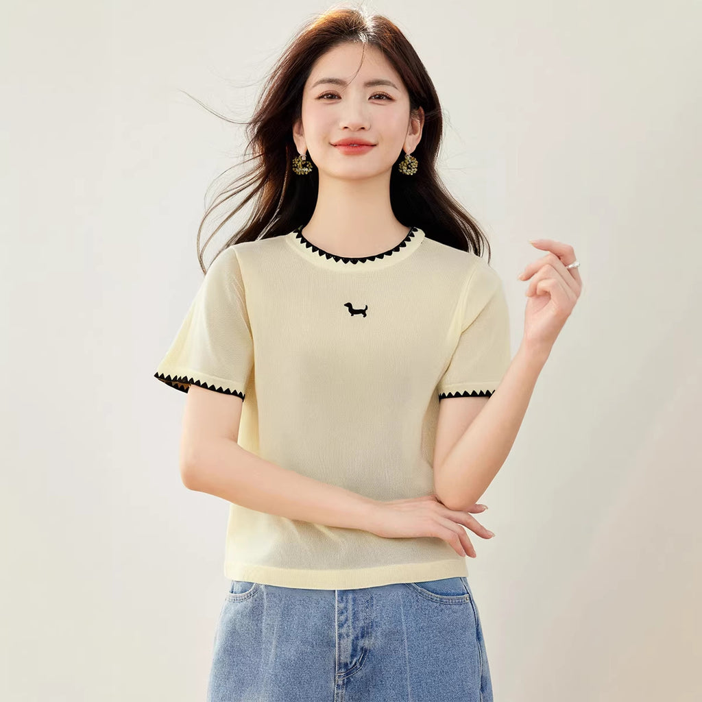 Ruffled Collar Color-Blocked Short Sleeve T-Shirt for WomenRegular Shoulder Waist-Cinching, Ideal for Petite Figures