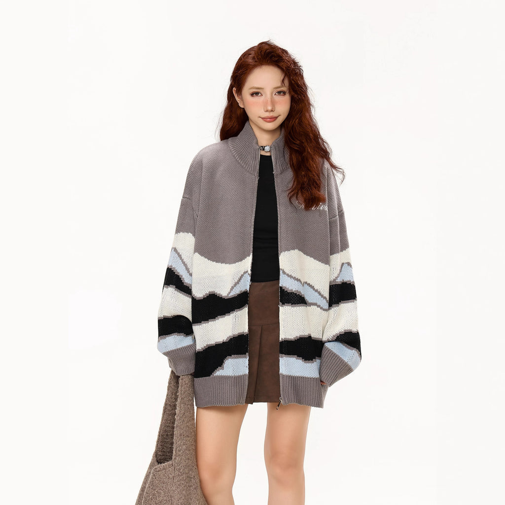Color-Blocked Embroidered Cardigan Sweater Women's Oversized Loose Casual Knitwear Coat