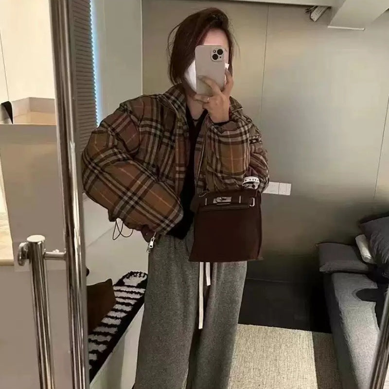 Loose  Retro Checkered Short Cotton Coat for Women, Fashionable Designer Puffer Jacket, Casual Winter Outwear