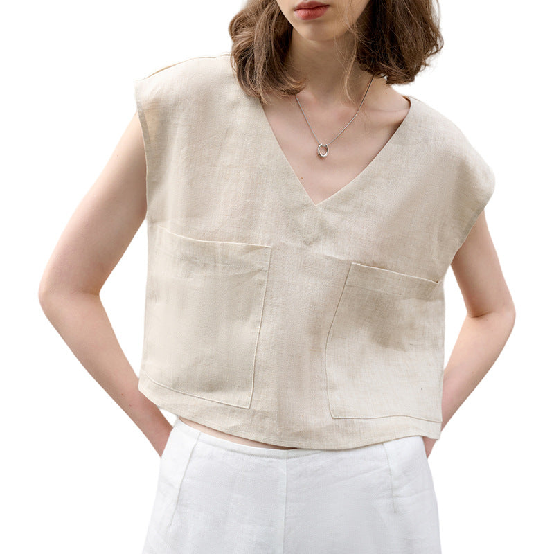 High-Grade Pure Linen V-Neck Short Top Loose Old Money Style Women's T-Shirt Sleeveless Tank Top