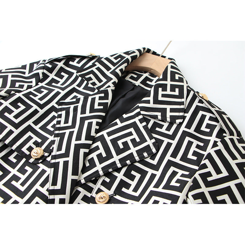 Coat Women's Loose Version Lace Up Spring And Autumn New Heavy Industry Coat Black And White Swastika Pattern