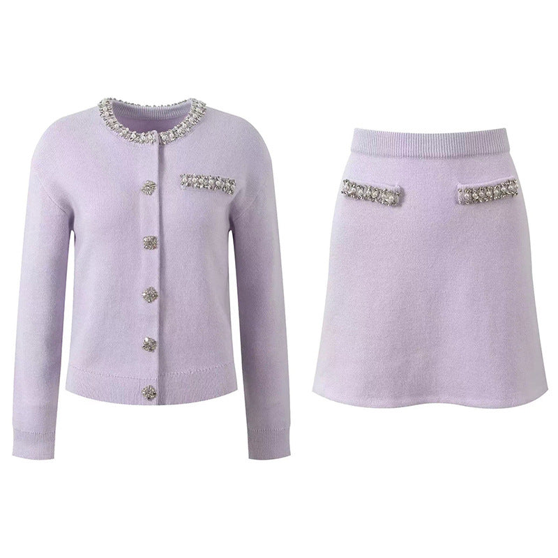Elegant Lavender Knit Cardigan with Rhinestone Detail and Matching Skirt Set