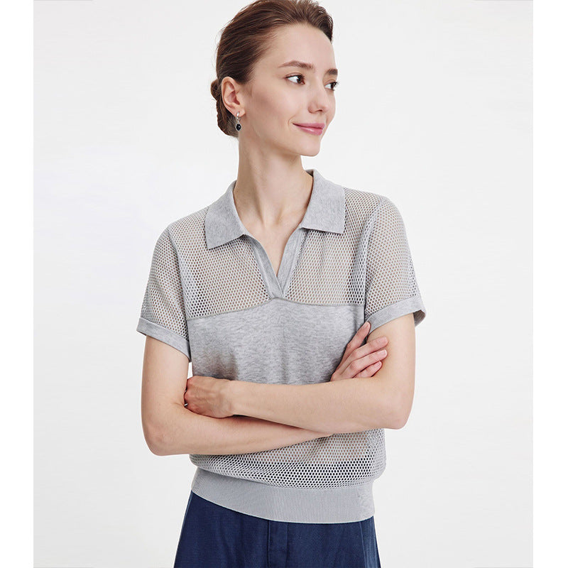Hollow out breathing design spliced V-neck polo shirt, summer loose short sleeved knit shirt