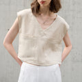 High-Grade Pure Linen V-Neck Short Top Loose Old Money Style Women's T-Shirt Sleeveless Tank Top