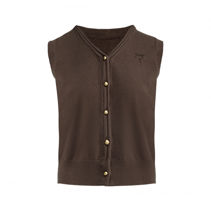 Elegant Vintage Gray V-Neck Knit Vest, Spring and Autumn Inner Layer Short Open Cardigan, Urban Style Top