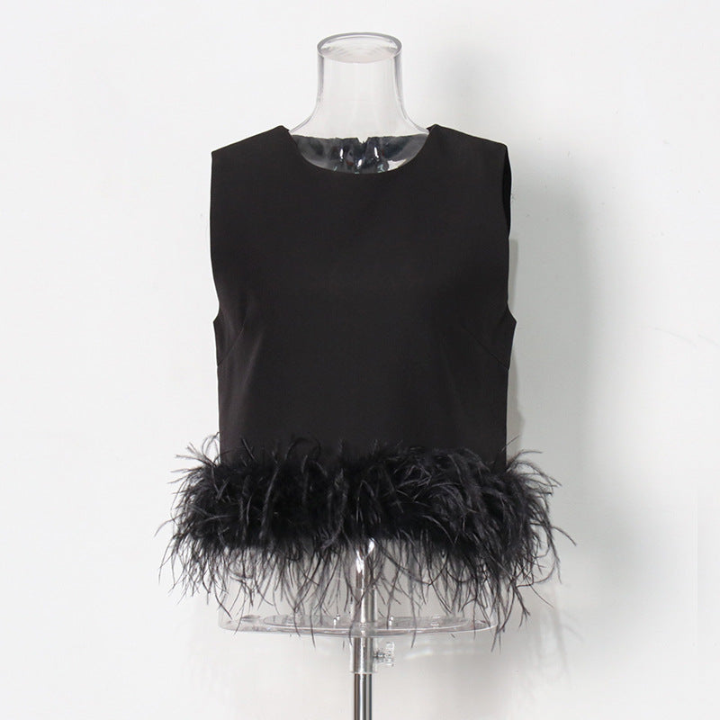 Hepburn Style Design Ostrich Hair Stitching Top New Round Neck Simple Short Solid Color Vest Women