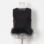 Hepburn Style Design Ostrich Hair Stitching Top New Round Neck Simple Short Solid Color Vest Women