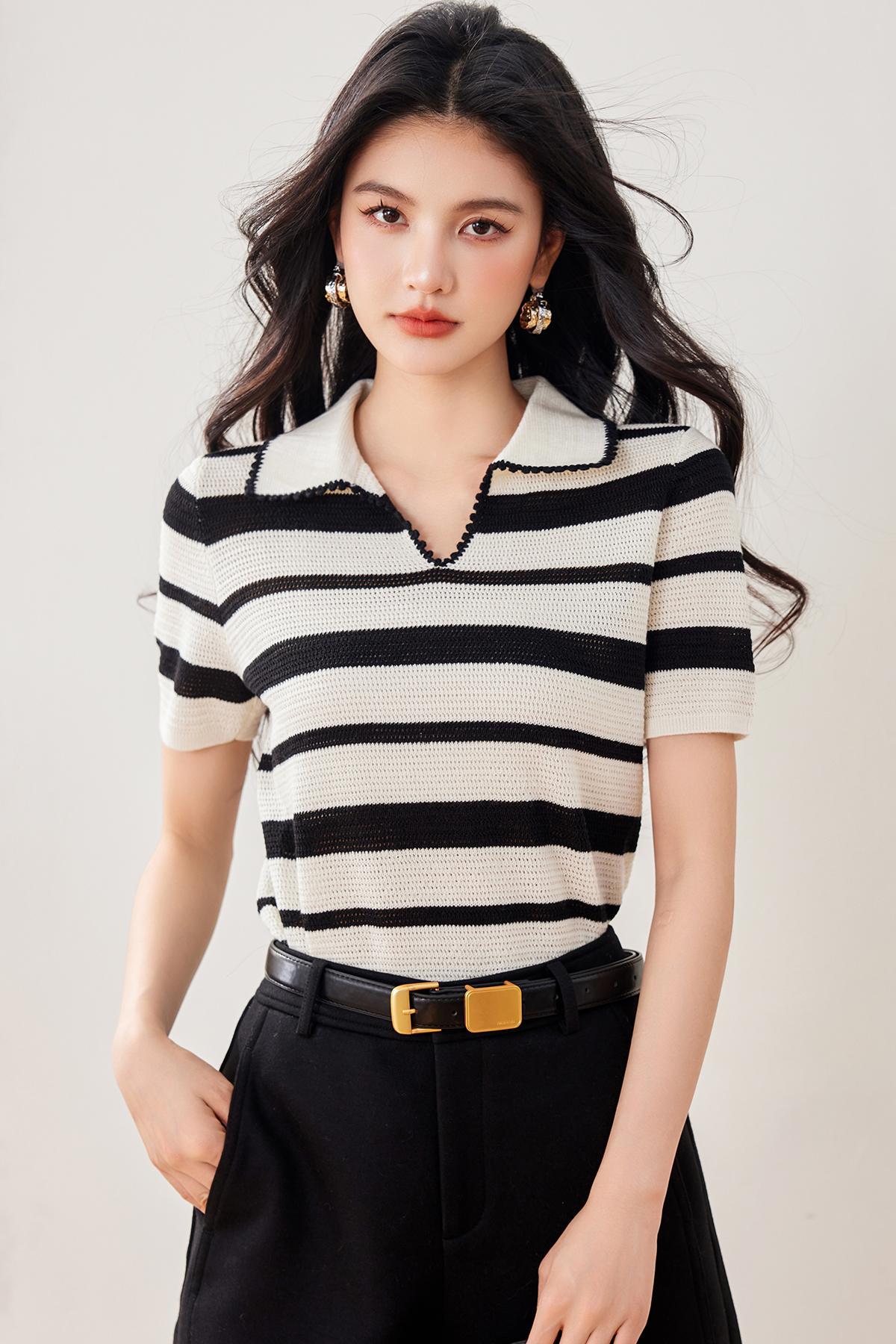 Style Luxury Hand-Crocheted Stripe V-Neck Polo Short Sleeve T-Shirt