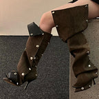 Stud Pleated Cowboy Boots Pointed Toe High Heels Blue\Brown Knee High Boots Sexy Luxury Runway Zip Shoes for Women Fall