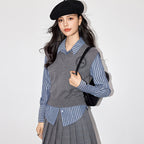 Striped V-Neck Long Sleeve Cotton Shirt for Women, Loose Fit, Layering Knit Vest Style, Autumn Winter Fashion