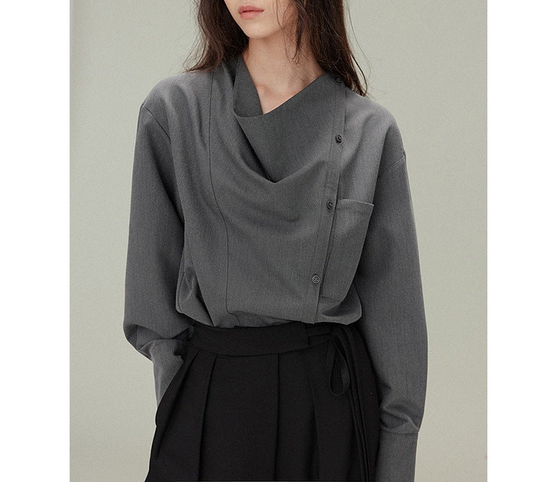 Vintage Loose Drape Neck Asymmetrical Design Long Sleeve Shirt Blouse for Women, TR Fine Diagonal Comfortable Autumn Style