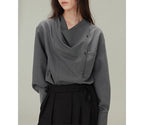 Vintage Loose Drape Neck Asymmetrical Design Long Sleeve Shirt Blouse for Women, TR Fine Diagonal Comfortable Autumn Style