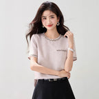 Fashionable and Elegant Lightweight Luxury Style Beaded Short Sleeve Top with Round Neck, Chic Inner Wear