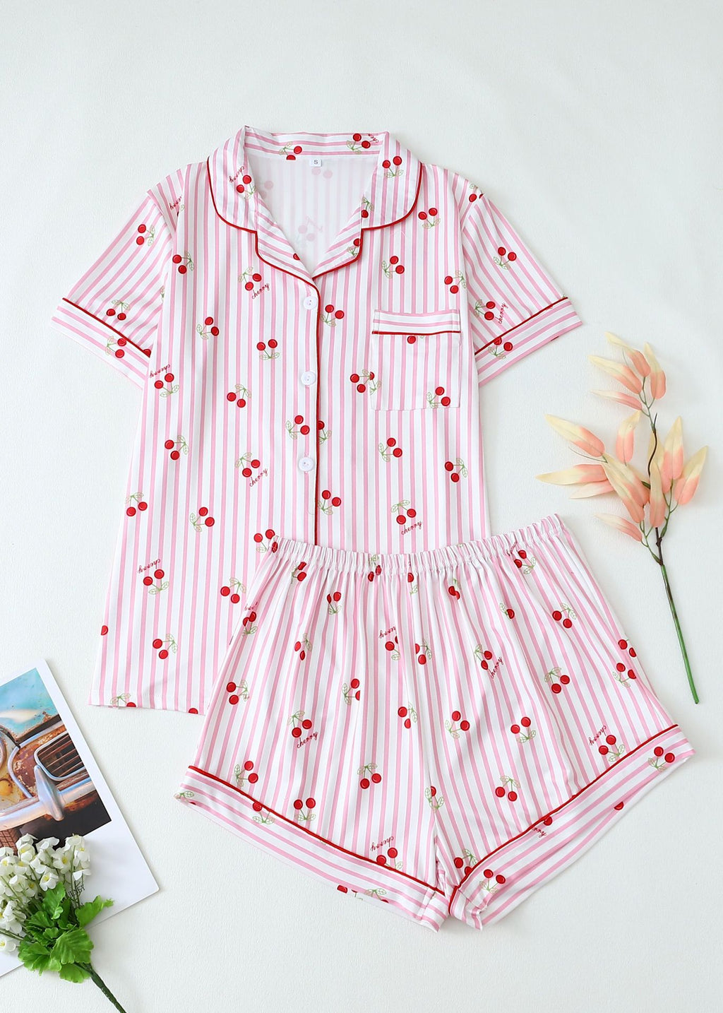 Cotton Silk Cherry Print Short Sleeve ampShorts Pajama Set Comfortable Sleepwear for Home Wear
