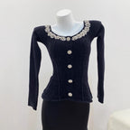 Black Heavy Rhinestone Shoulder-Baring Boat Neck Velvet Long Sleeve Knit Dress for Women