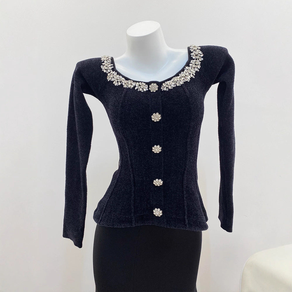 Black Heavy Rhinestone Shoulder-Baring Boat Neck Velvet Long Sleeve Knit Dress for Women