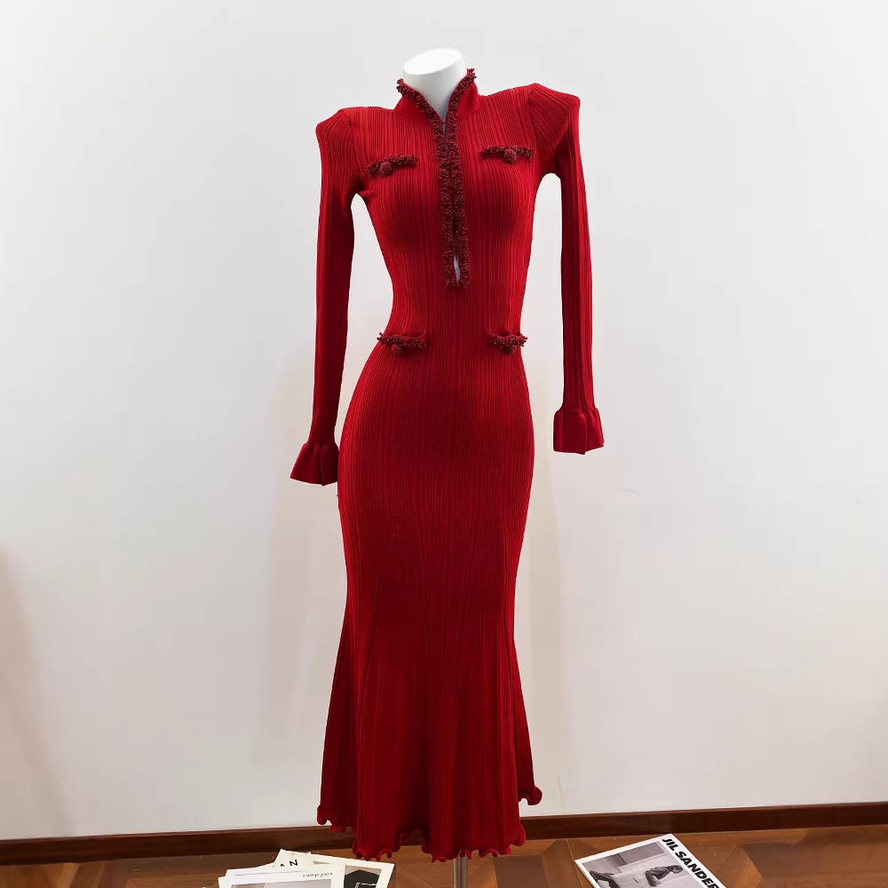Red Chinese-Style Embroidered Beaded Mermaid Knit Dress for Women
