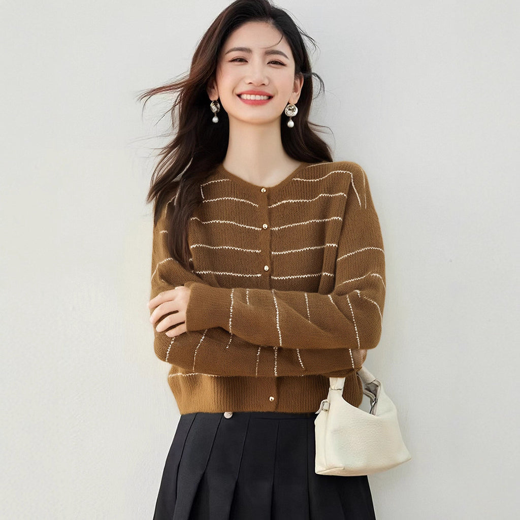 French Style Chic Stripe Sweater for Women, Autumn/Winter Retro Lazy Fashion Knitted Cardigan