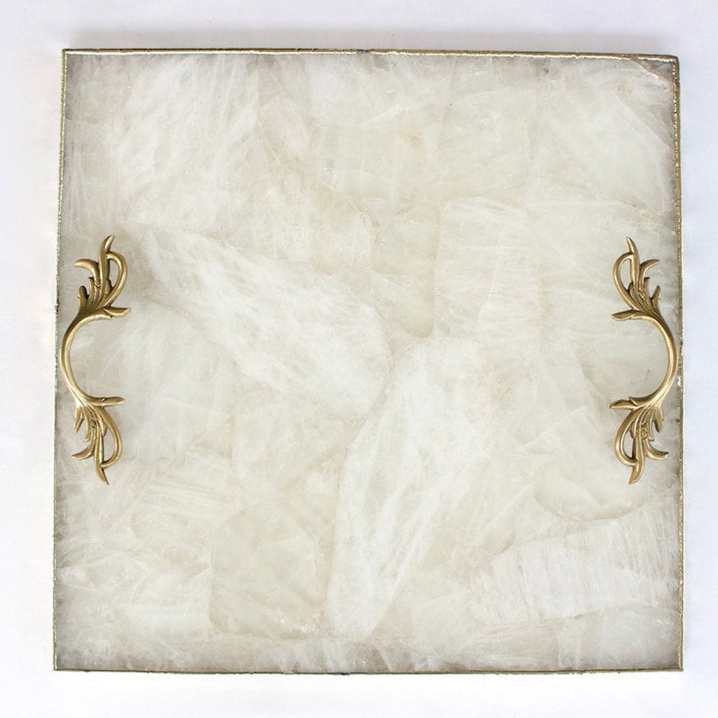 White Agate Serving Tray With Brass Handles | Square