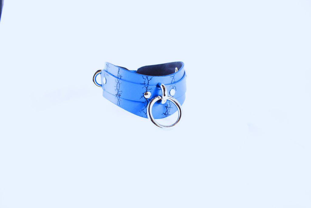 Barbed BDSM Collar – Blue Leather Submissive Collar with Rings