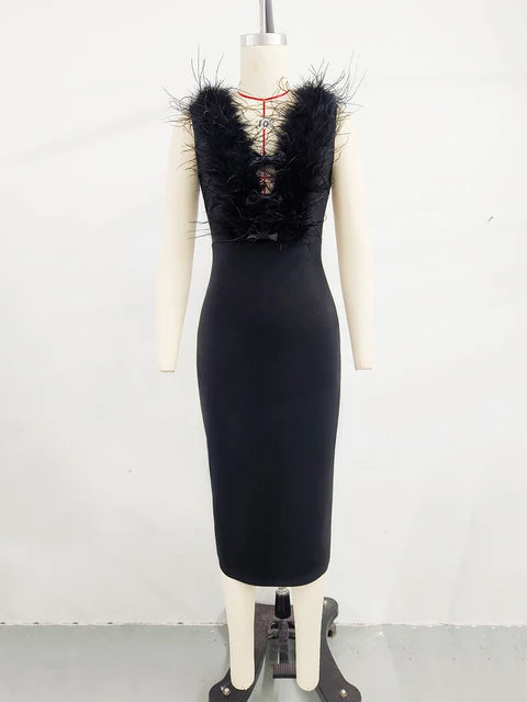 Women's High-end Light-luxury and Niche Bowtie Ostrich Hair Bandage Dress for Special Occasions