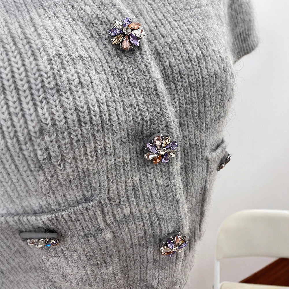 Fashion Style Oversized Knit Cardigan with Alpaca Wool, Colorful Rhinestone EmbellishmentOpen Front Women's Sweater