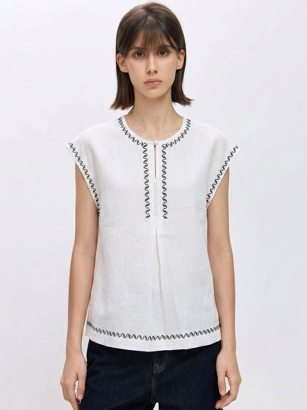 Simple Color-block Embroidered Sleeveless Vest for Women, Casual Summer Top with Cool Feeling