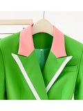 Fashion Designer Runway Suit Set Women Double Breasted Color Block Collar Blazer Flare Pant 2PCS