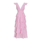 Simple Design Solid Color Cake Skirt Summer New Sexy V-Neck Hook Flower Hollow Stitching Dress