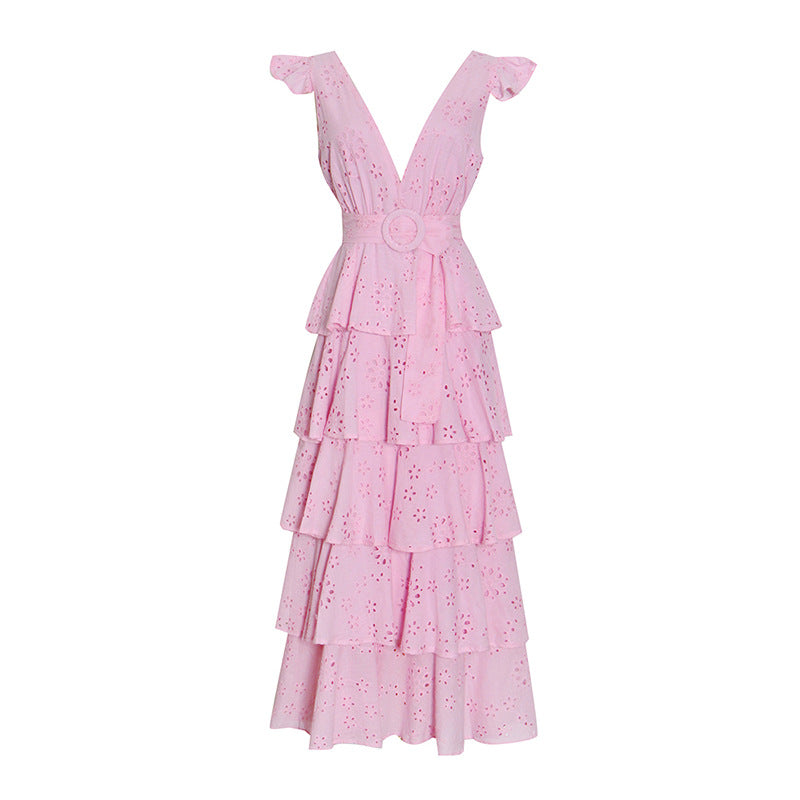 Simple Design Solid Color Cake Skirt Summer New Sexy V-Neck Hook Flower Hollow Stitching Dress