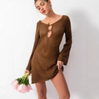 Knitted hollow out sexy backless bikini top skirt for women