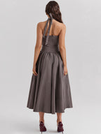V-neck backless, red mid length dress