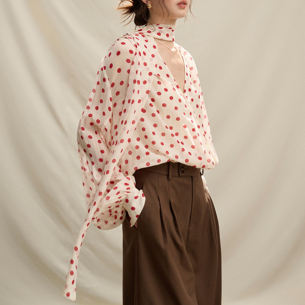 Lightweight Chiffon Printed Polka Dot Ribbon Sun Protection Shirt Long Sleeve Breathable Cooling Feel Blouse