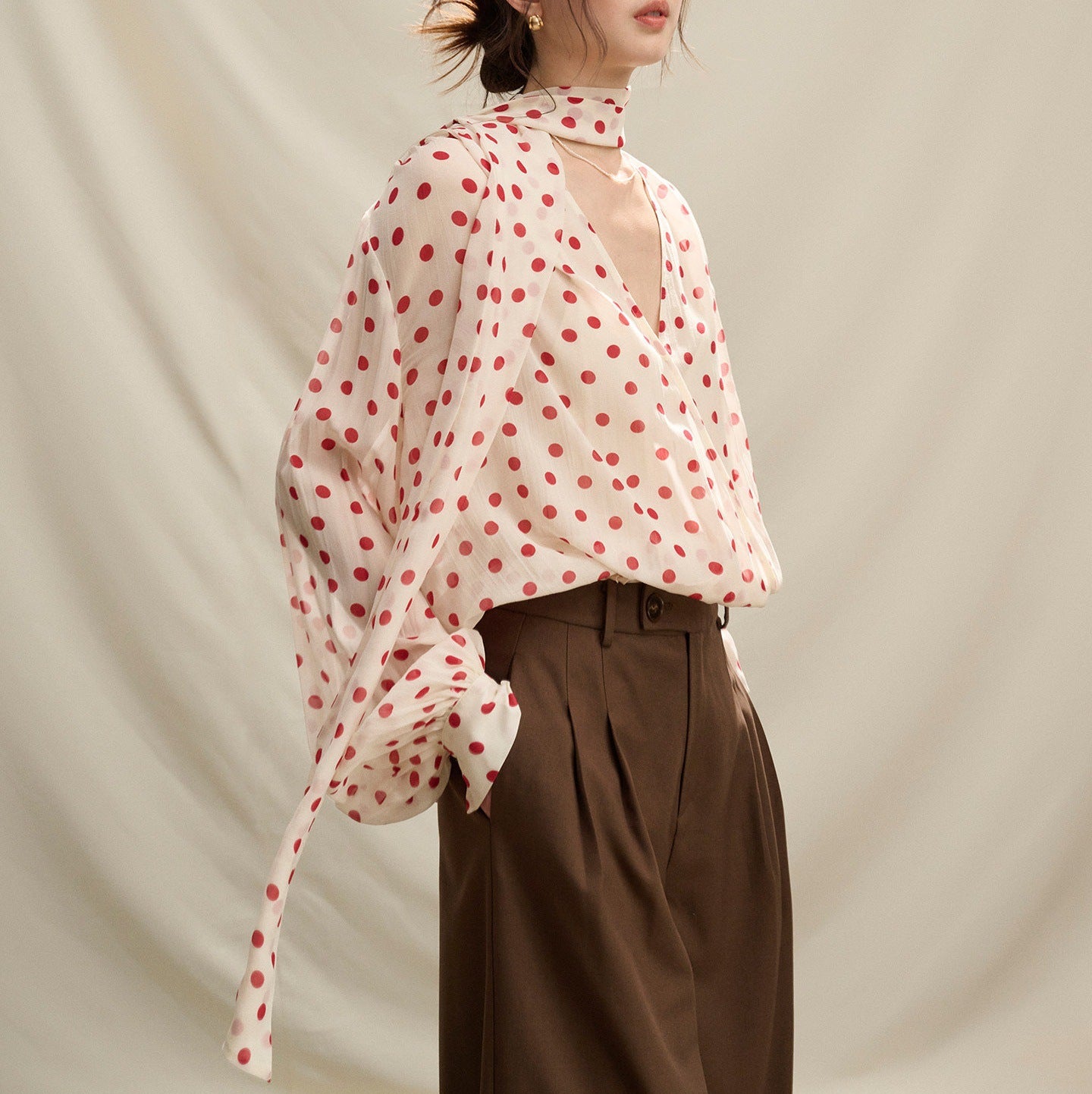 Lightweight Chiffon Printed Polka Dot Ribbon Sun Protection Shirt Long Sleeve Breathable Cooling Feel Blouse