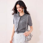 Chic Fashion Solid Color Beaded Design Cardigan Knit Sweater Short Sleeve Casual T-Shirt